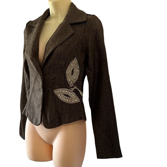 The Rag Story Brown & Metallic Silver Herringbone Tweed Blazer Beaded Appliqué - Picture 2 of 11